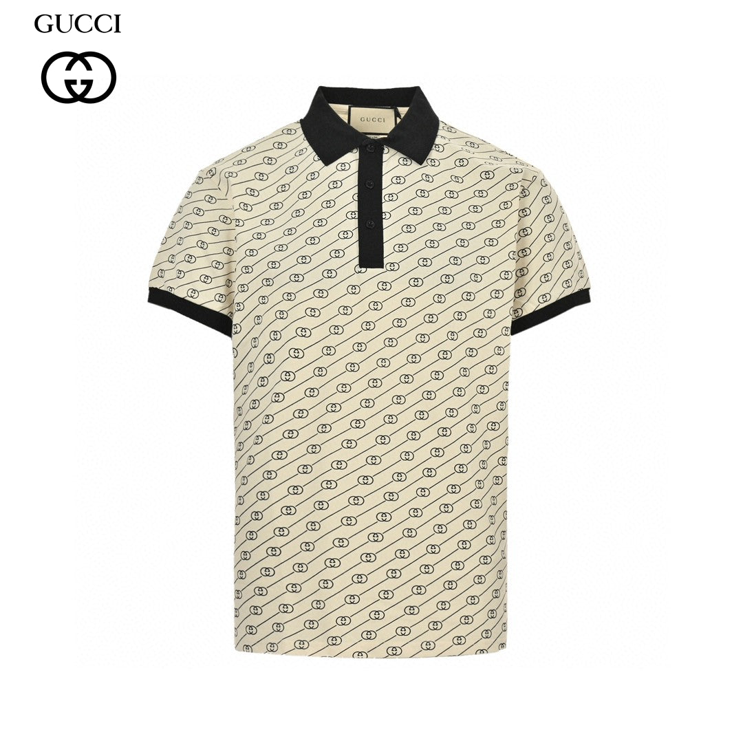 Gucci Beige And Patterned Polo Shirt - Black Unisex Streetwear Limited Edition - This Gucci Beige and Black Patterned Polo Shirt is a sophisticated blend of casual and