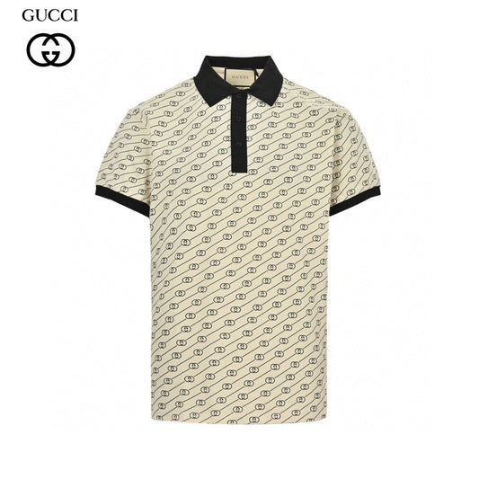 Gucci Beige And Patterned Polo Shirt - Black Unisex Streetwear Limited Edition - This Gucci Beige and Black Patterned Polo Shirt is a sophisticated blend of casual and