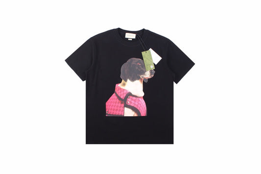 Gucci Dog Print T-shirt In - Black Unisex Streetwear Limited Edition - Featuring an arresting graphic of a dog donned in a pink Gucci harness, this black