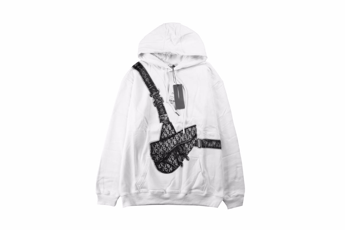 Dior Hoodie With Bag Design - White Unisex Streetwear Limited Edition - This Dior hoodie features a unique graphic of a bag slung across the front, adding