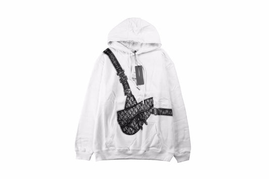 Dior Hoodie With Bag Design - White Unisex Streetwear Limited Edition - This Dior hoodie features a unique graphic of a bag slung across the front, adding