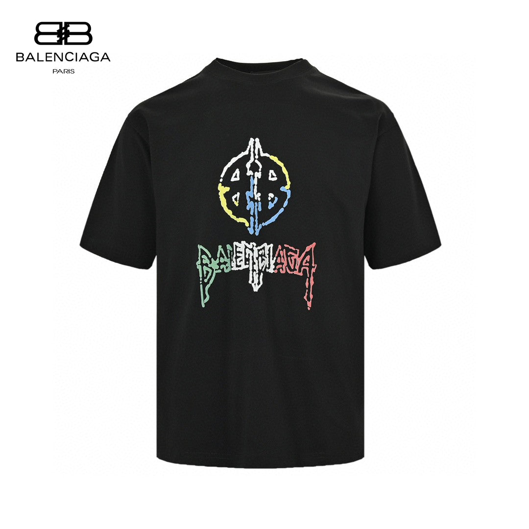 Balenciaga Multicolor Graphic Logo T-shirt - Black Unisex Streetwear Limited Edition - This Balenciaga t-shirt features a unique multicolor graphic logo on the front, combining vibrant colors