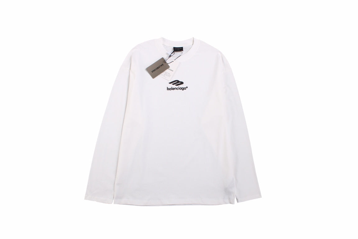 Balenciaga Long Sleeve T-shirt - Black Unisex Streetwear Limited Edition - White long sleeve t-shirt with black Balenciaga logo on the chest. Simple and minimalist design.