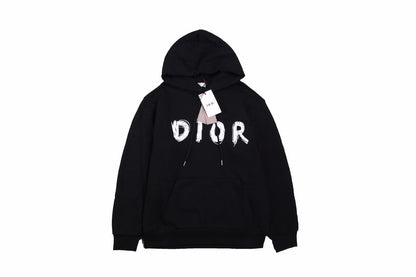 Dior Brushstroke Hoodie - Black Unisex Streetwear Limited Edition - This Dior hoodie in black features a bold brushstroke-style 'DIOR' logo on the front. It