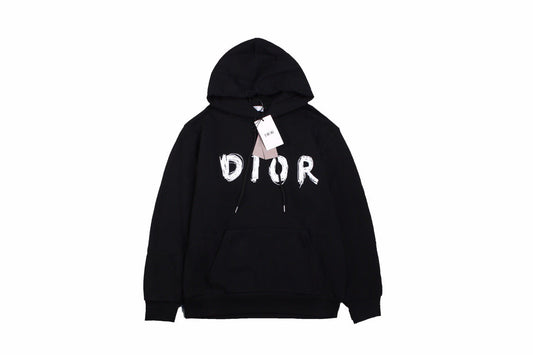 Dior Brushstroke Hoodie - Black Unisex Streetwear Limited Edition - This Dior hoodie in black features a bold brushstroke-style 'DIOR' logo on the front. It