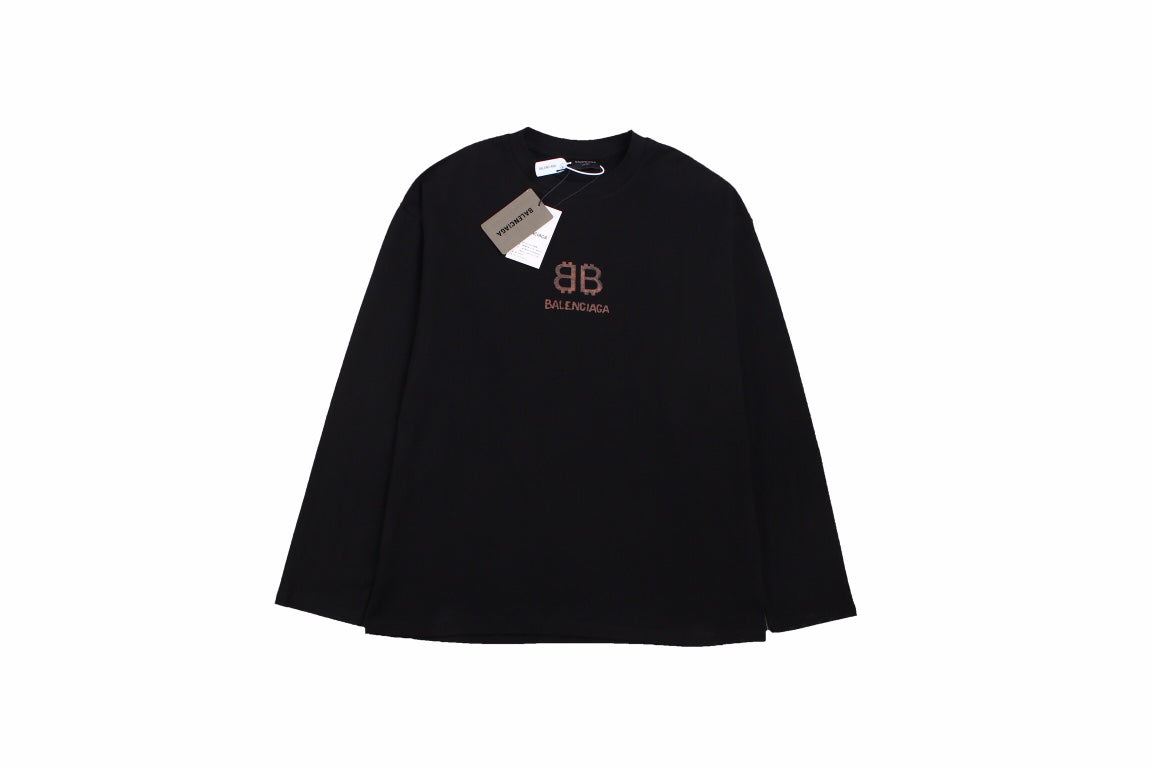 Balenciaga Long Sleeve T-shirt - Black Unisex Streetwear Limited Edition - Black long sleeve t-shirt with brown Balenciaga logo on the chest. Simple and minimalist design.