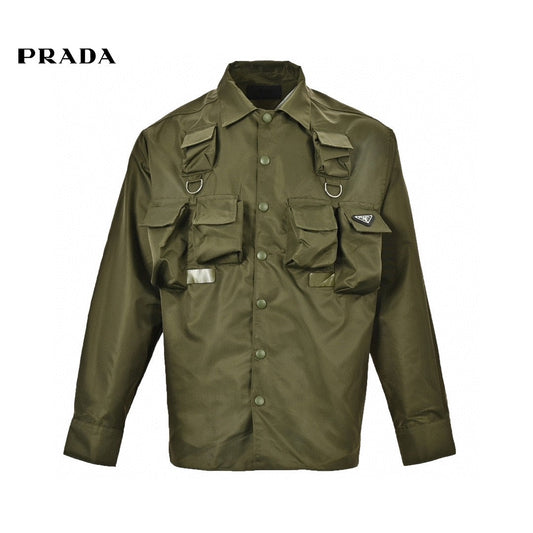 Prada Military Style Jacket - Red Unisex Streetwear Limited Edition - This Prada jacket features a military-inspired design in olive green. It has multiple utility pockets