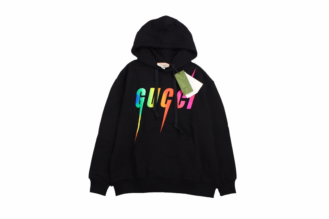 Gucci Rainbow Logo Hoodie - Black Unisex Streetwear Limited Edition - This black Gucci hoodie features a vibrant rainbow-colored 'GUCCI' logo on the front. It includes