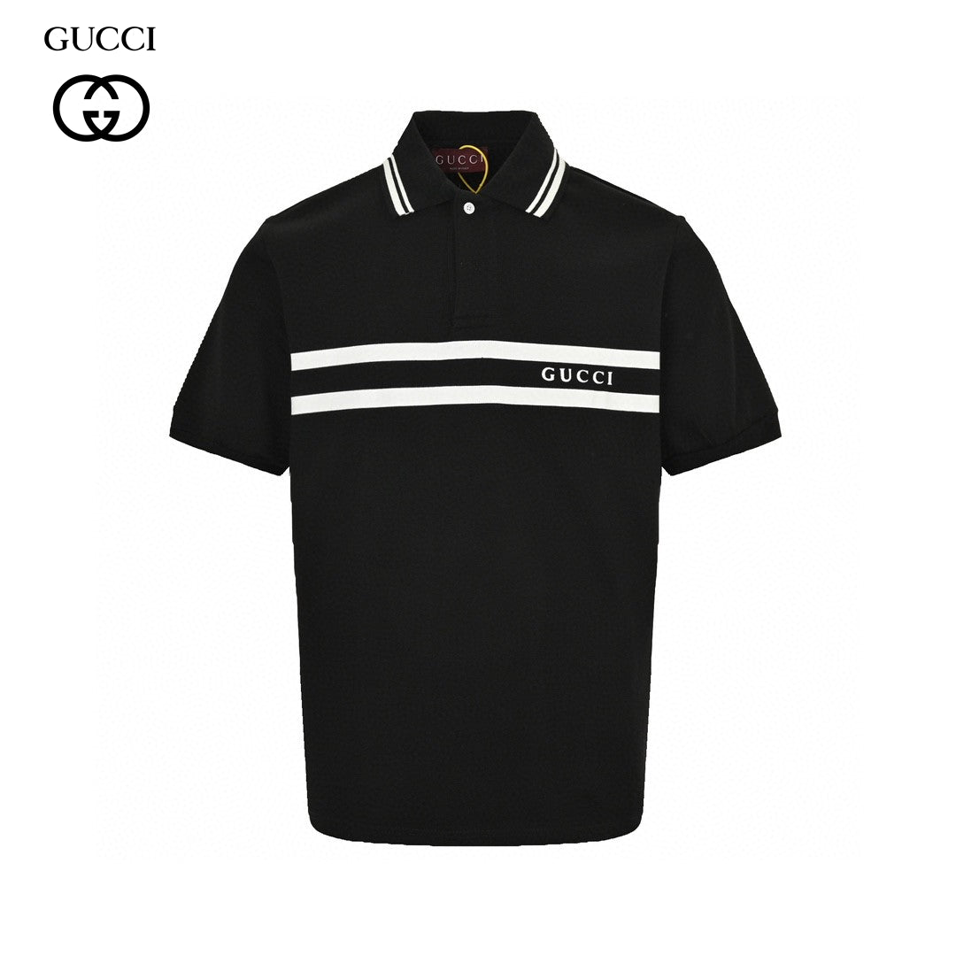 Gucci Striped Logo Polo Shirt (black) Unisex Streetwear Limited Edition - Elevate your wardrobe with the Gucci Striped Logo Polo Shirt in black. This classic polo
