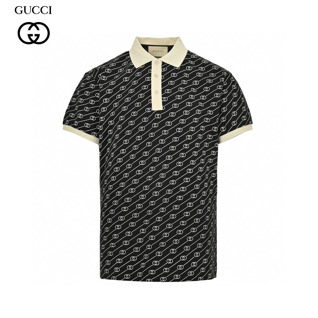 Gucci And Beige Patterned Polo Shirt - Black Unisex Streetwear Limited Edition - This Gucci Black and Beige Patterned Polo Shirt is a luxurious addition to any wardrobe.