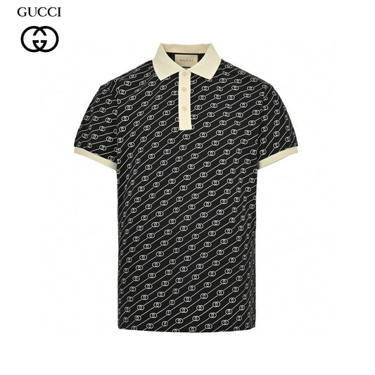 Gucci And Beige Patterned Polo Shirt - Black Unisex Streetwear Limited Edition - This Gucci Black and Beige Patterned Polo Shirt is a luxurious addition to any wardrobe.