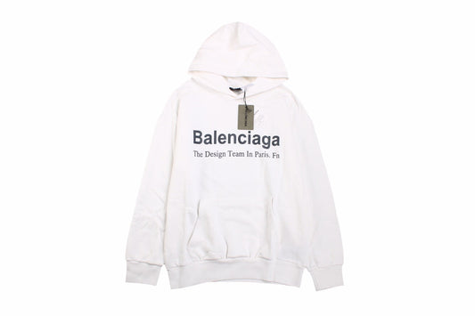Balenciaga Paris Team Hoodie - White Unisex Streetwear Limited Edition - This Balenciaga hoodie in white features the text 'Balenciaga The Design Team In Paris. Fn'