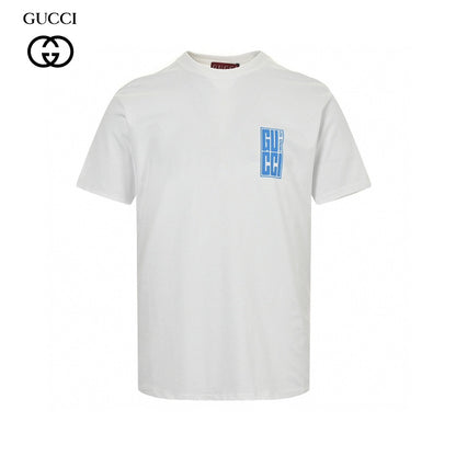 Gucci T-shirt With Blue Vertical Logo Patch - White Unisex Streetwear Limited Edition - The Gucci White T-Shirt with Blue Vertical Logo Patch is a perfect blend of classic