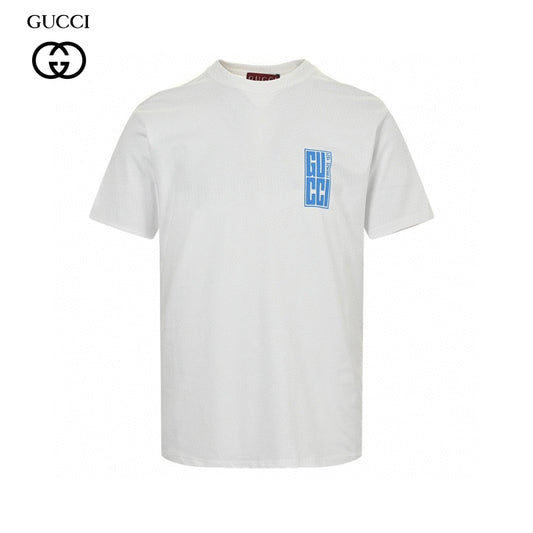 Gucci T-shirt With Blue Vertical Logo Patch - White Unisex Streetwear Limited Edition - The Gucci White T-Shirt with Blue Vertical Logo Patch is a perfect blend of classic