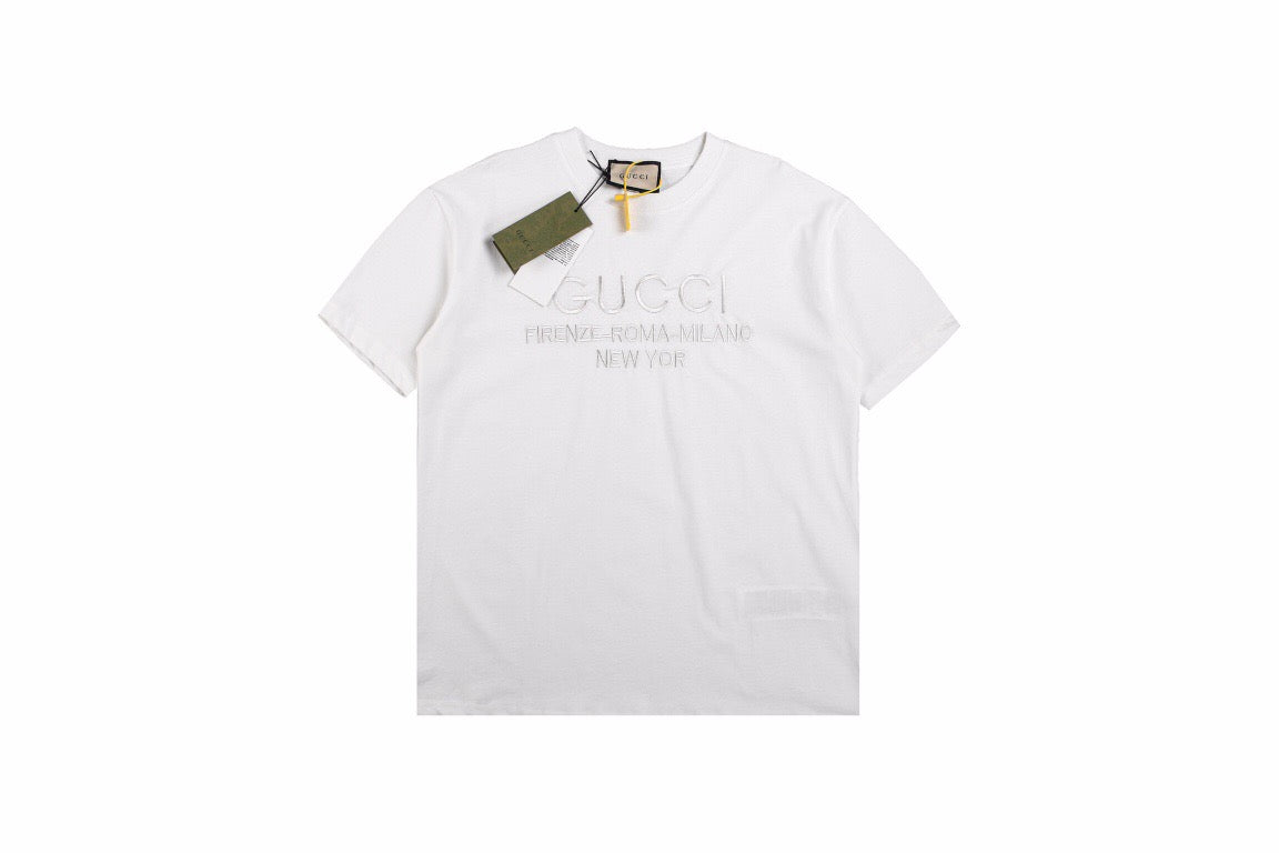 Gucci T-shirt With Embroidered Cities Unisex Streetwear Limited Edition - <p dir='ltr'><span>White t-shirt featuring subtle embroidered text with the cities 'FIRENZE-ROMA-MILANO-NEW YORK' under the
