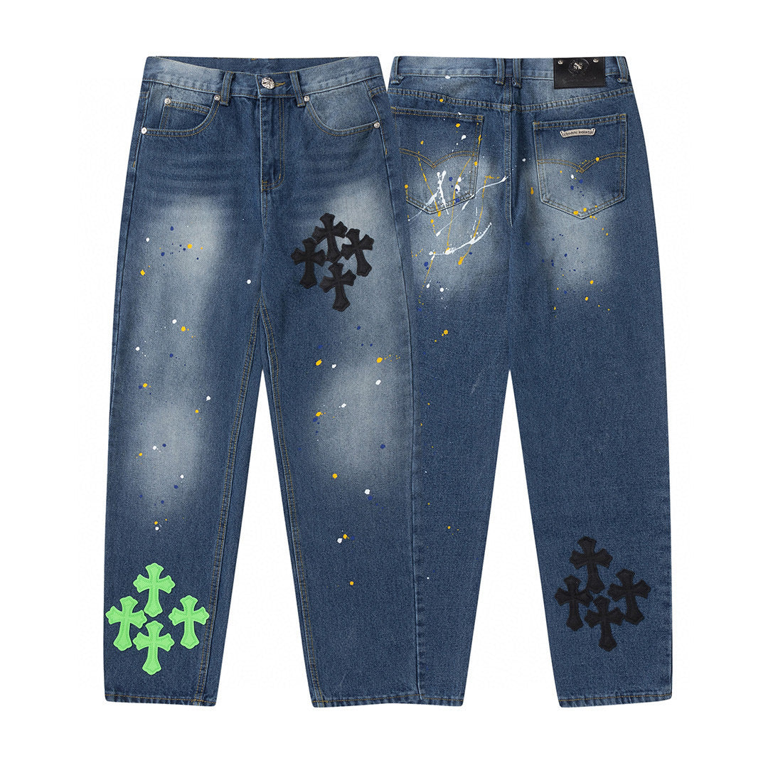 CHROME Hearts Cross Patch Jeans Denim - Green Unisex Streetwear Limited Edition
