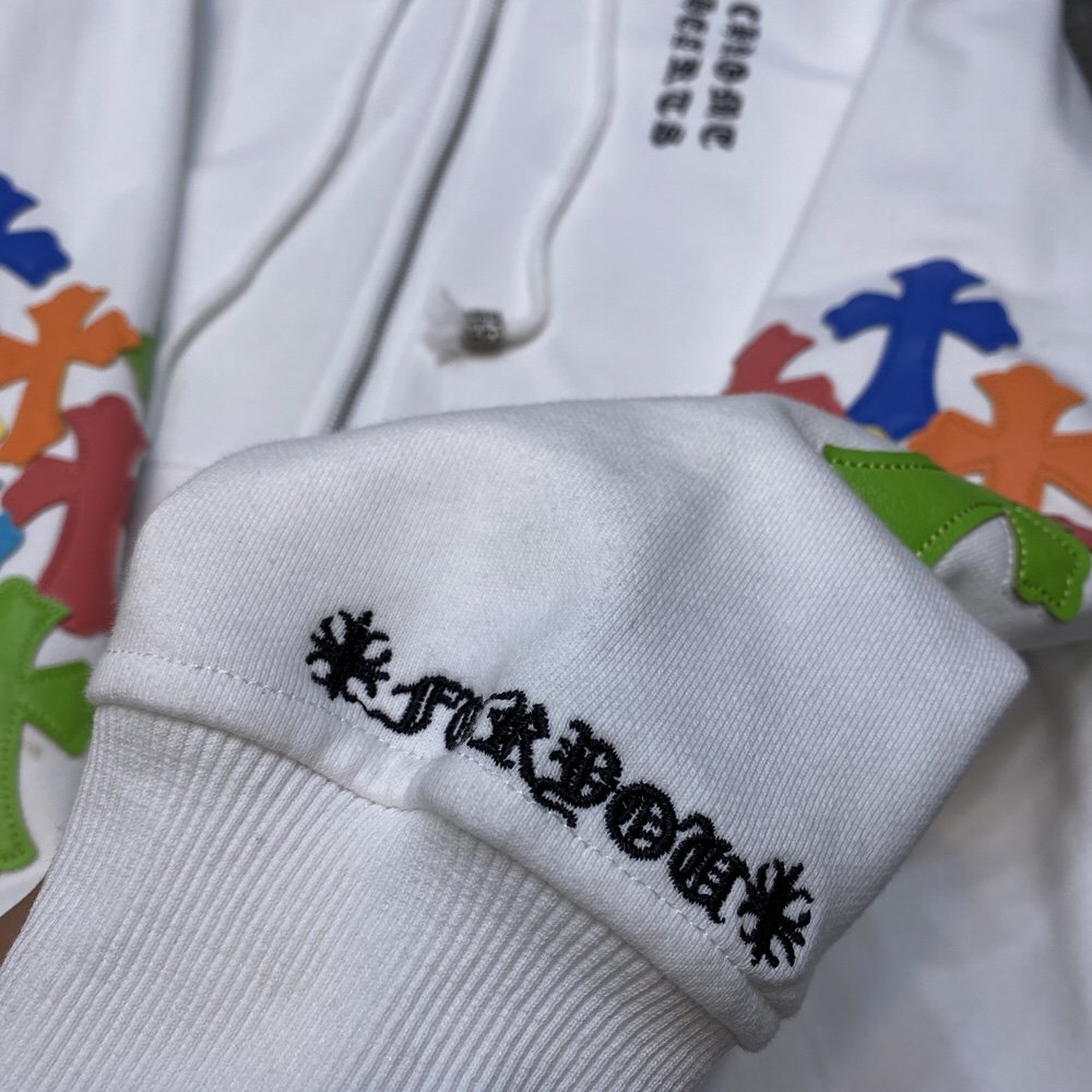 CHROME Hearts Multicolor Cross Patch Zipper Hoodie - White Unisex Streetwear Limited Edition