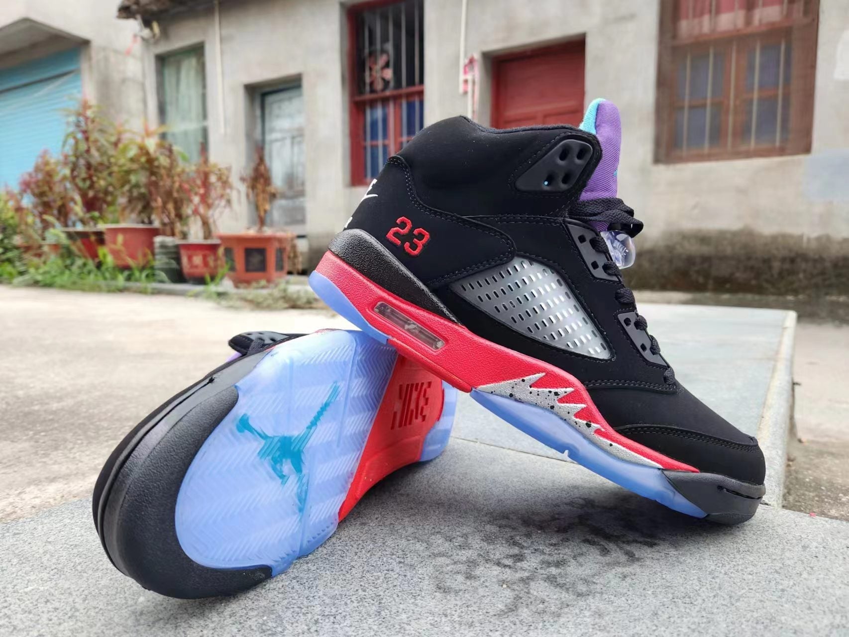 Jordan 5 Black, Red And Purple Unisex Streetwear Limited Edition - Step up your sneaker game with the Air Jordan 5 in a striking black, red,