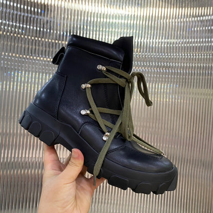 Rick Owens Combat Boots - Leather With Olive Laces Jacket - Black Unisex Streetwear Limited Edition - ### Rick Owens Combat Boots - Black Leather with Olive Laces Introducing the Rick Owens