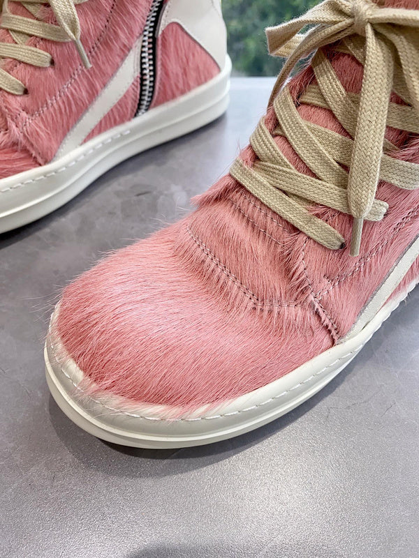 Rick Owens Geobasket Sneakers - Pony Hair - Pink Unisex Streetwear Limited Edition - ### Rick Owens Geobasket Sneakers - Pink Pony Hair Introducing the Rick Owens Geobasket Sneakers