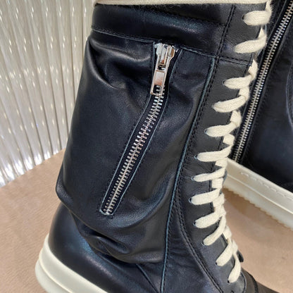 Rick Owens High-top Leather Boots - And Cream T-Shirt - Black Unisex Streetwear Limited Edition - ### Rick Owens High-Top Leather Boots - Black and Cream Introducing the Rick Owens High-Top