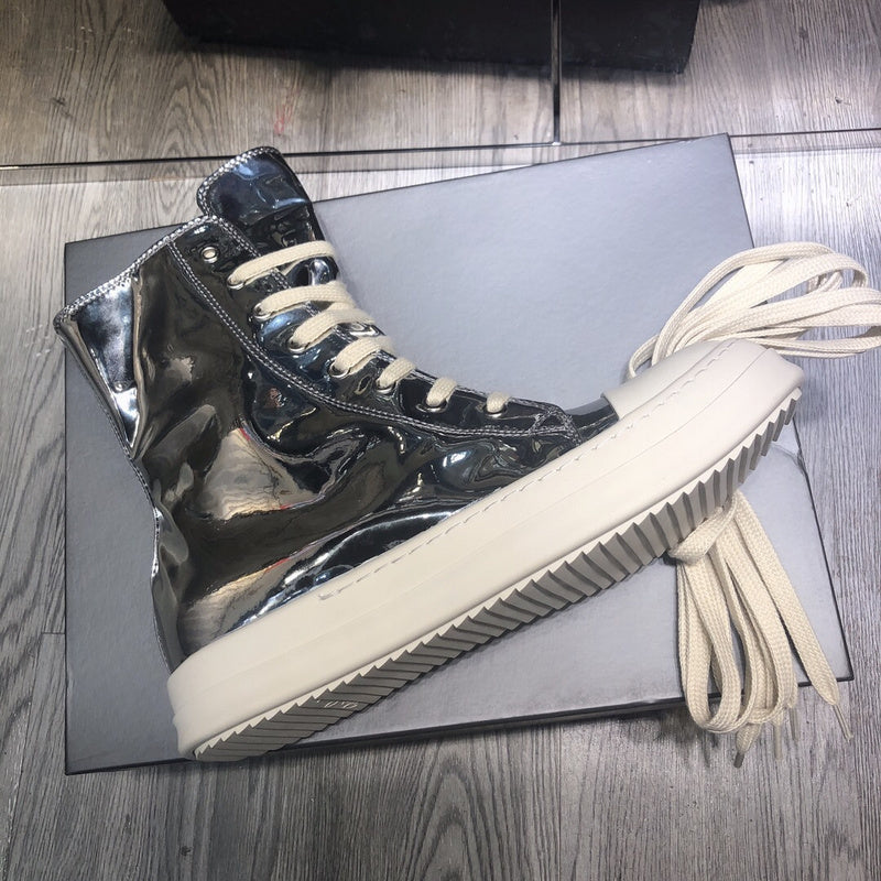High-Top Metallic Leather Sneakers - White Unisex Streetwear Limited Edition - **High-Top Metallic Leather Sneakers** Step into the future of fashion with these high-top metallic leather