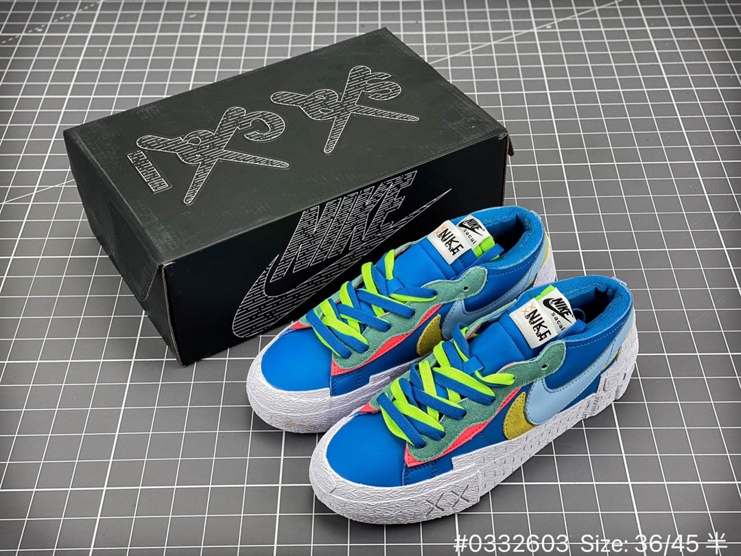 KAWS - Sacai - Nike Blazer'neptune Blue' Unisex Streetwear Limited Edition - The KAWS x Sacai x Nike Blazer 'Neptune Blue' combines bold design, vibrant color, and