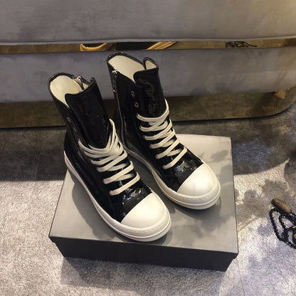 High-Top Patent Leather Sneakers - Black Unisex Streetwear Limited Edition - **High-Top Black Patent Leather Sneakers** Make a bold statement with these high-top black patent leather