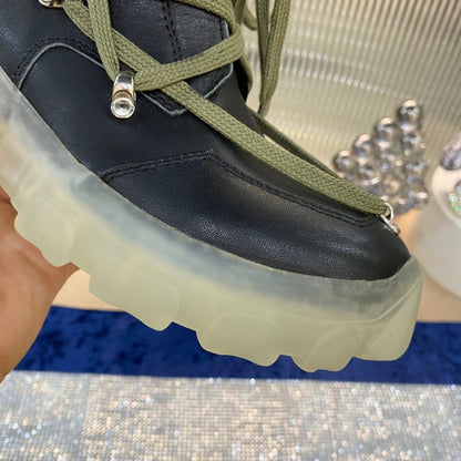 Rick Owens Combat Boots - Leather With Olive Laces And Translucent Sole Jacket - Black Unisex Streetwear Limited Edition - ### Rick Owens Combat Boots - Black Leather with Olive Laces and Translucent