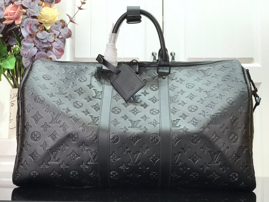 LOUIS VUITTON KEEPBALL 50 BLACK LEATHER TRAVEL BAG - front view - replica sneakers