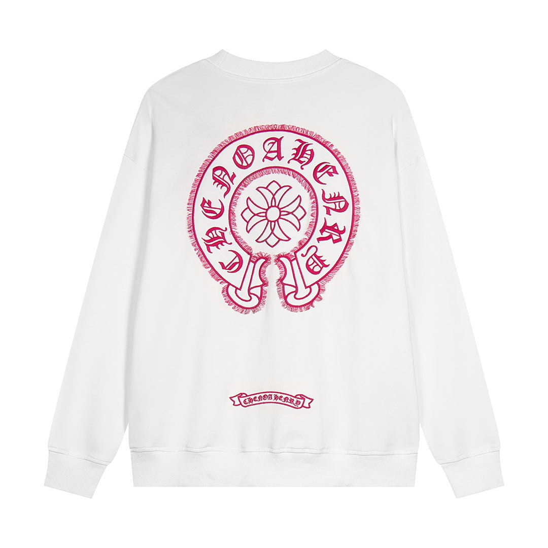 CHROME Hearts Pink Horse Shoe Logo Sweatshirt - White Unisex Streetwear Limited Edition
