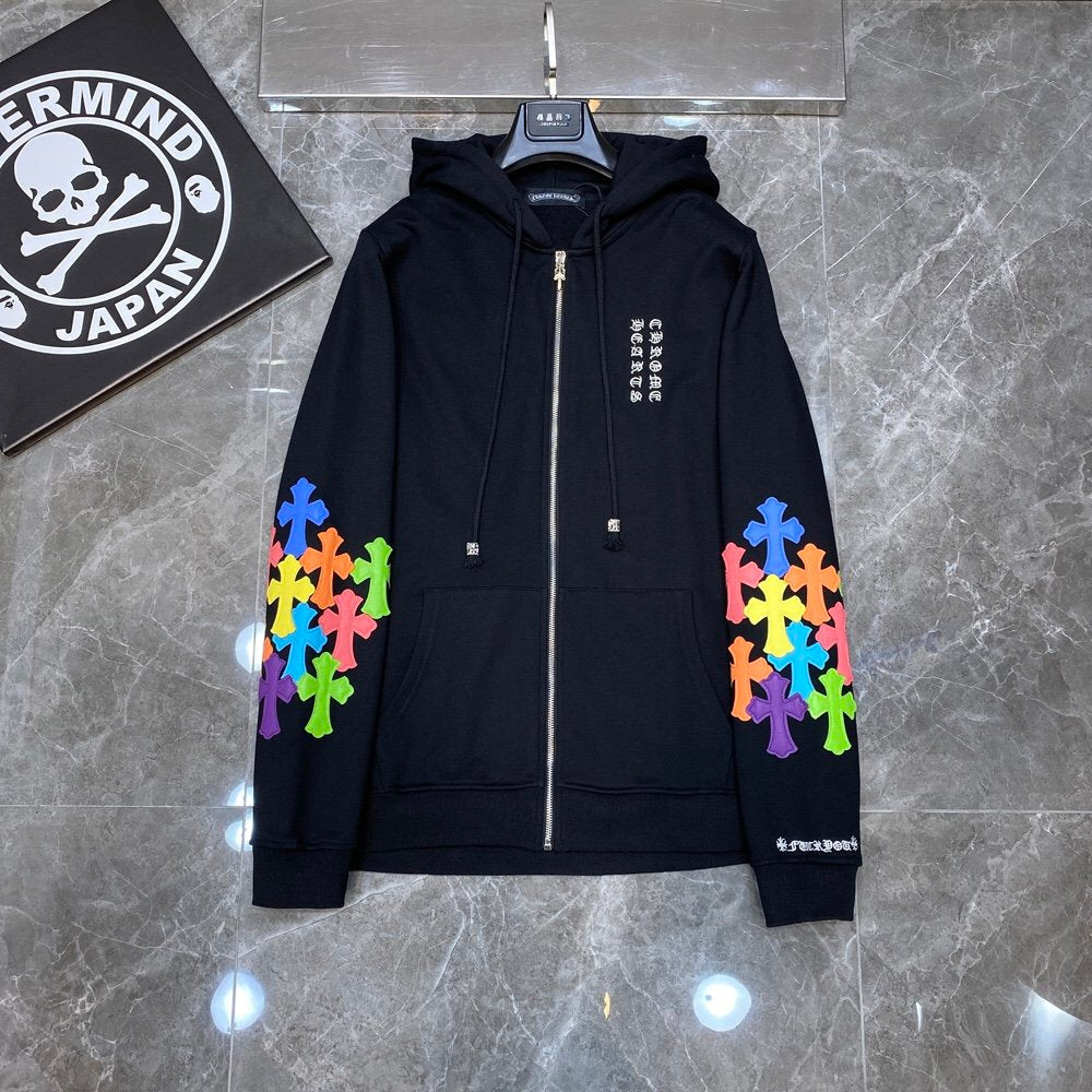 CHROME Hearts Multicolor Cross Patch Zipper Hoodie - Black Unisex Streetwear Limited Edition