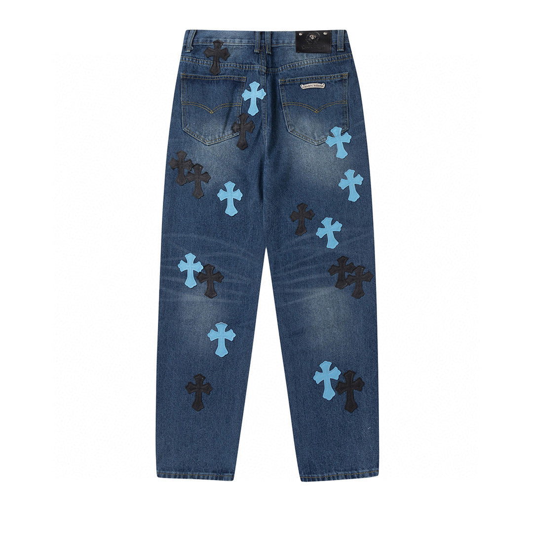 CHROME Hearts Cross Patch Jeans Denim - Blue Unisex Streetwear Limited Edition