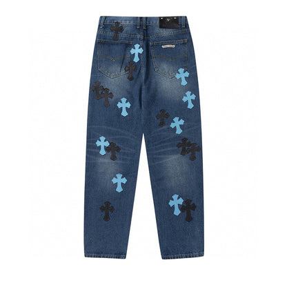 CHROME Hearts Cross Patch Jeans Denim - Blue Unisex Streetwear Limited Edition