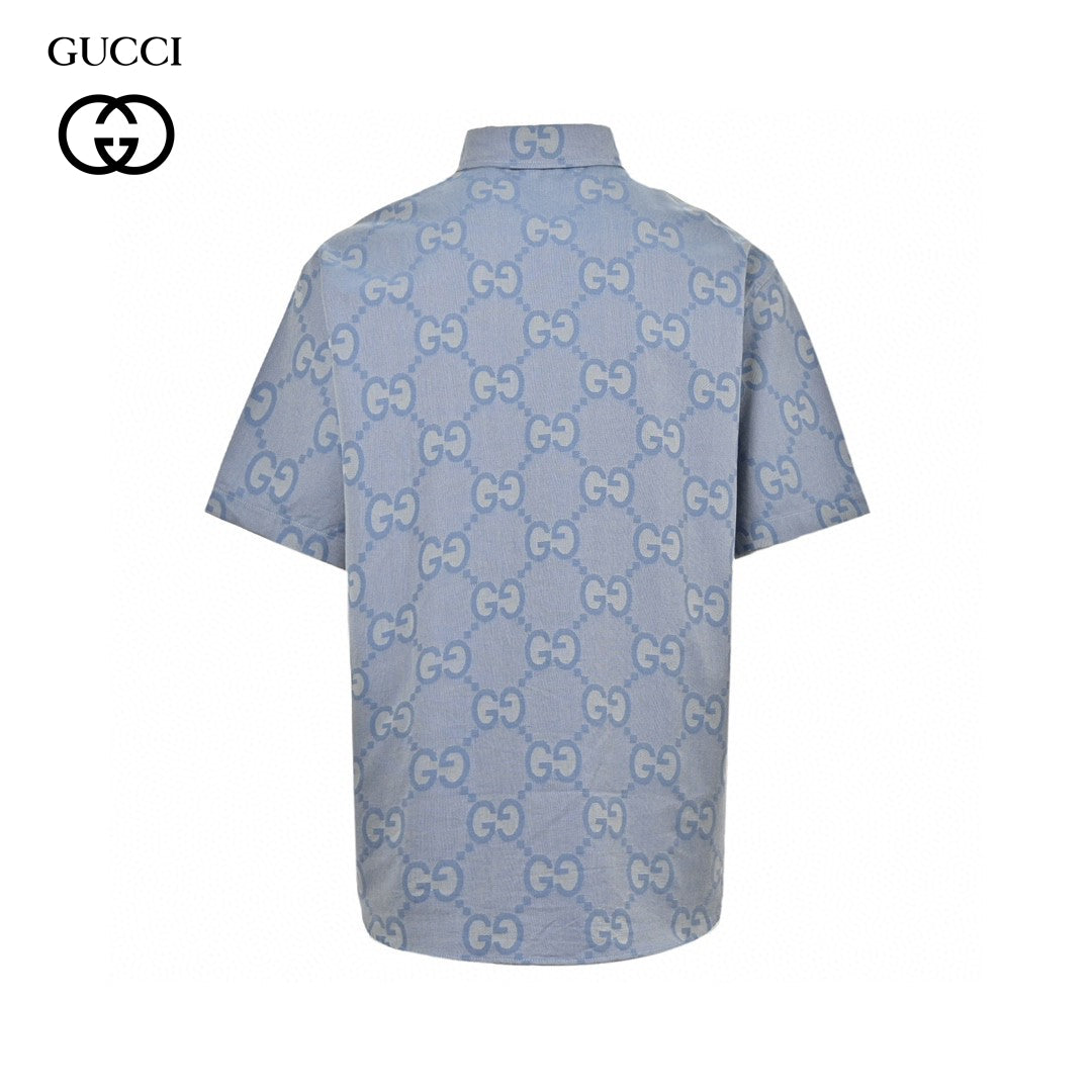 Gucci Allover Logo Denim Shirt - Blue Unisex Streetwear Limited Edition - This Gucci shirt features an allover GG logo design set against a light blue denim