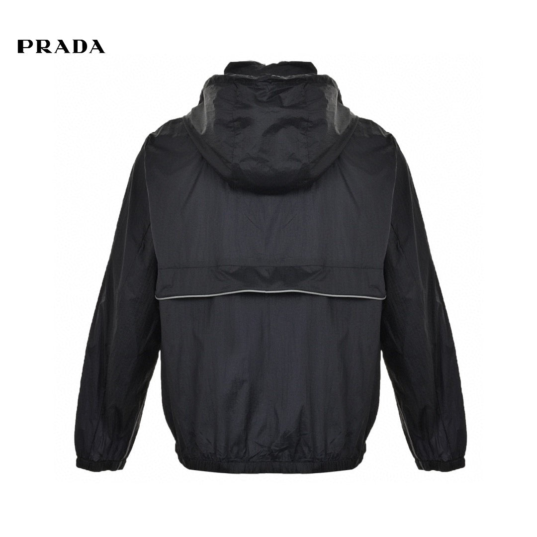 Prada Lightweight Hooded Jacket - - Black Unisex Streetwear Limited Edition - This Prada jacket features a sleek black design with the Prada logo on the chest.