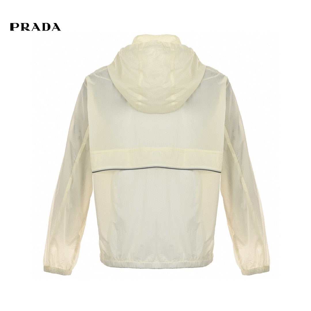Prada Lightweight Hooded Jacket - White Unisex Streetwear Limited Edition - This Prada jacket features a translucent white design with the Prada logo on the chest.