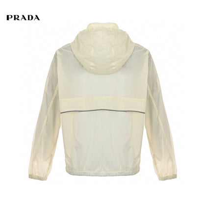 Prada Lightweight Hooded Jacket - White Unisex Streetwear Limited Edition - This Prada jacket features a translucent white design with the Prada logo on the chest.