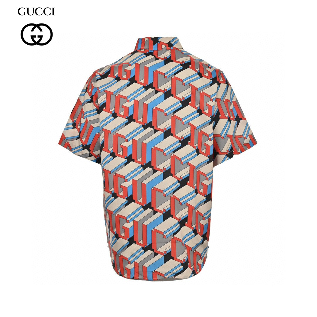 Gucci Geometric Logo Print Shirt - Red Unisex Streetwear Limited Edition - This Gucci shirt features an eye-catching geometric logo print in vibrant red, blue, and gray