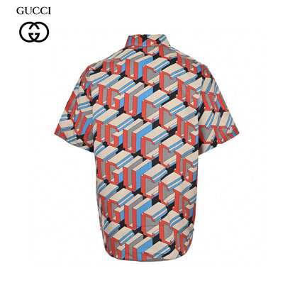 Gucci Geometric Logo Print Shirt - Red Unisex Streetwear Limited Edition - This Gucci shirt features an eye-catching geometric logo print in vibrant red, blue, and gray