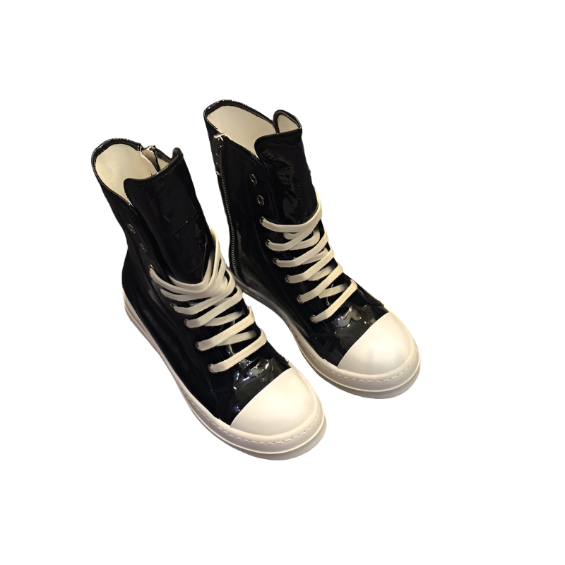 High-Top Patent Leather Sneakers - Black Unisex Streetwear Limited Edition - **High-Top Black Patent Leather Sneakers** Make a bold statement with these high-top black patent leather