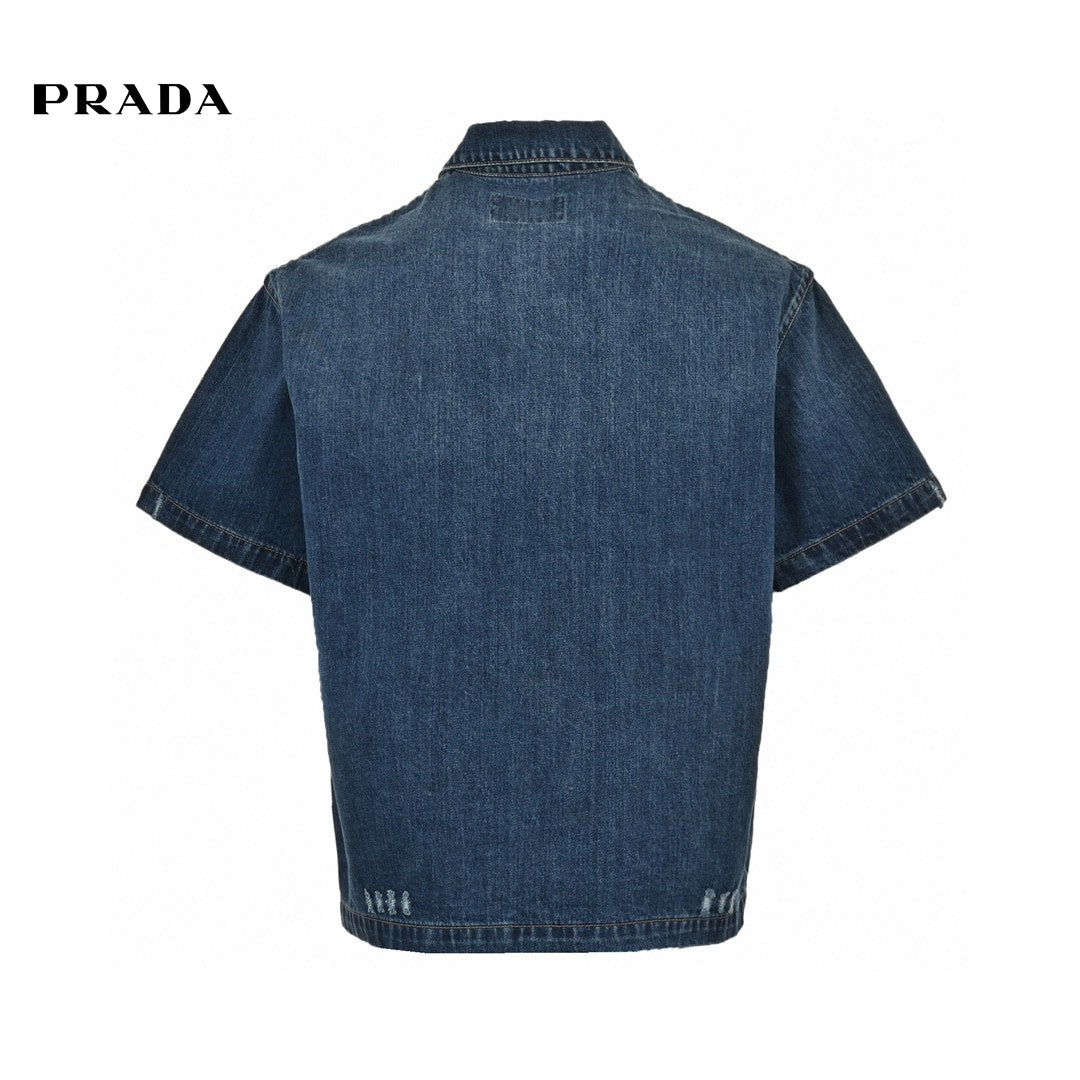 Prada Denim Shirt - Blue Unisex Streetwear Limited Edition - This Prada denim shirt features a classic blue wash design. It has short sleeves and