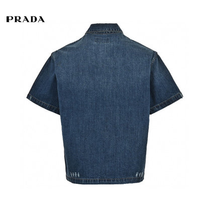 Prada Denim Shirt - Blue Unisex Streetwear Limited Edition - This Prada denim shirt features a classic blue wash design. It has short sleeves and