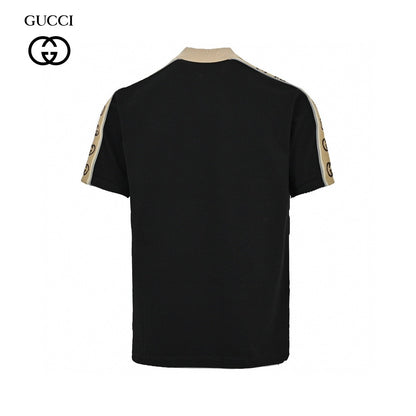 Gucci Polo Shirt With Logo Tape - Black Unisex Streetwear Limited Edition - This Gucci Polo Shirt in classic black features signature logo tape detailing along the shoulders