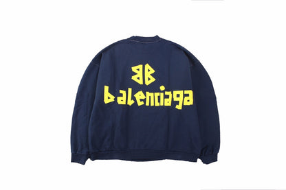 Balenciaga Navy Crewneck Sweatshirt - Blue Unisex Streetwear Limited Edition - This Balenciaga crewneck sweatshirt features a bold, oversized Balenciaga logo across the chest. The navy