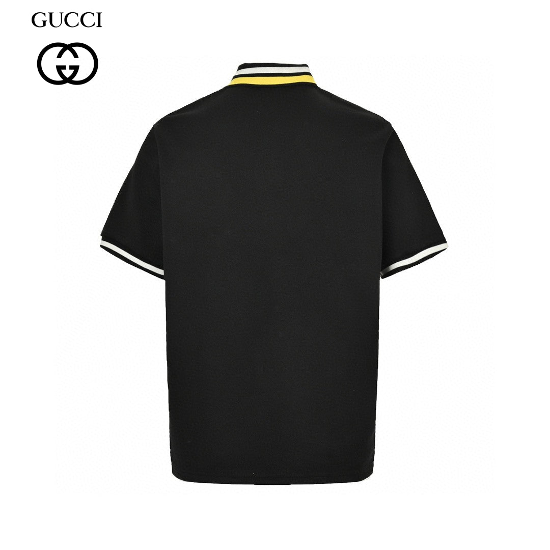 Gucci Polo Shirt - Black Unisex Streetwear Limited Edition - This Gucci polo shirt features a sleek black design with white and yellow trim on