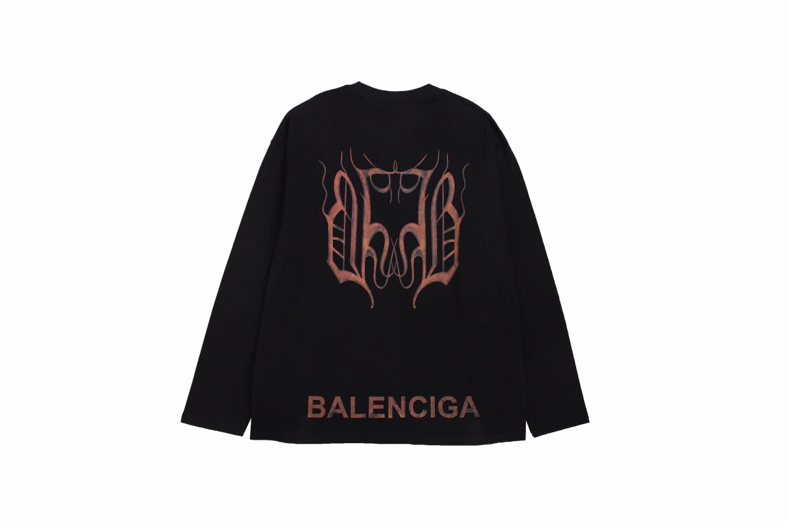 Balenciaga Long Sleeve T-shirt - Black Unisex Streetwear Limited Edition - Black long sleeve t-shirt with brown Balenciaga logo on the chest. Simple and minimalist design.