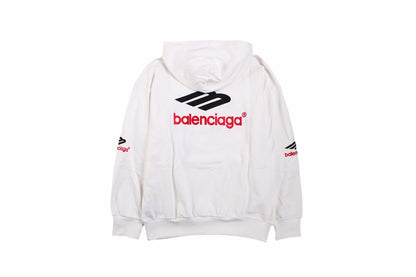 Balenciaga Hoodie - White Unisex Streetwear Limited Edition - This Balenciaga hoodie features a bold black and red logo on the front. Crafted from