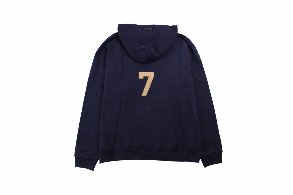 Fear Of God Hoodie - Blue Unisex Streetwear Limited Edition - Navy blue hoodie with tan '7' print on the chest. Comfortable and cozy fit. Features
