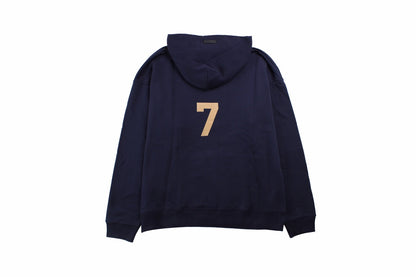 Fear Of God Hoodie - Blue Unisex Streetwear Limited Edition - Navy blue hoodie with tan '7' print on the chest. Comfortable and cozy fit. Features